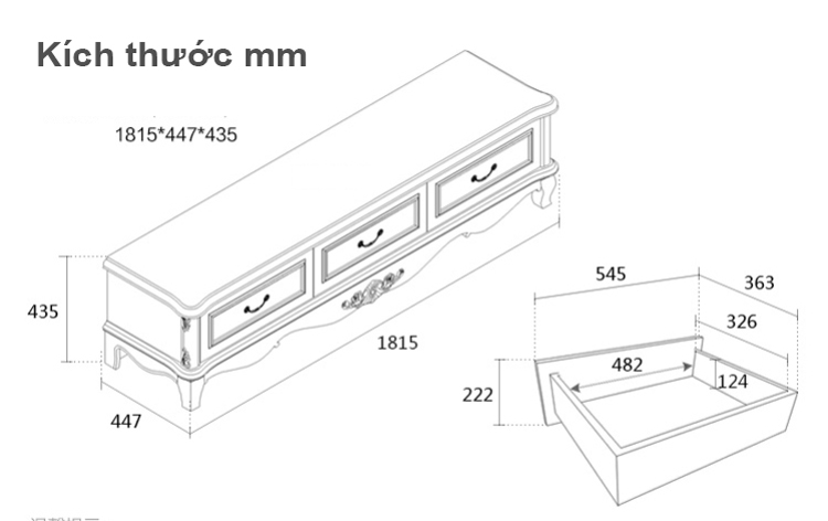 kích thước chi tiết kệ tivi tân cổ điển 